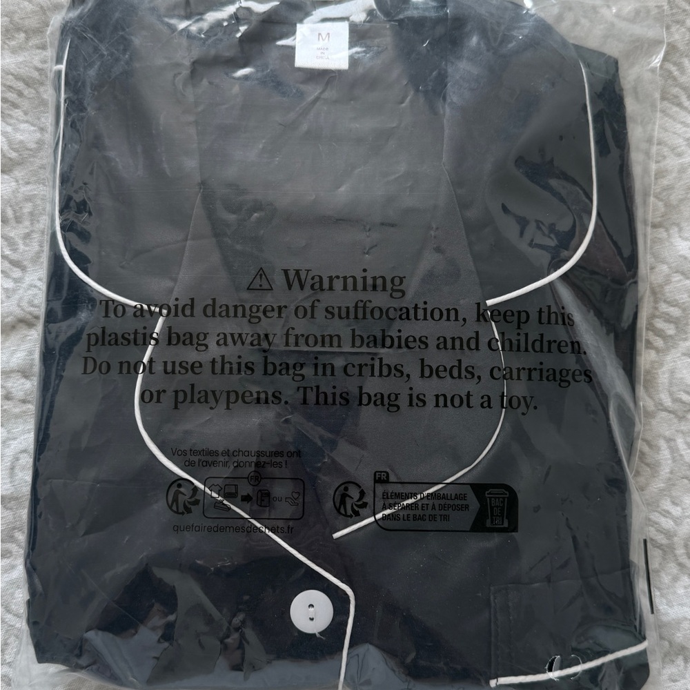 3 piece Satins Black Pajama Set with White Trim